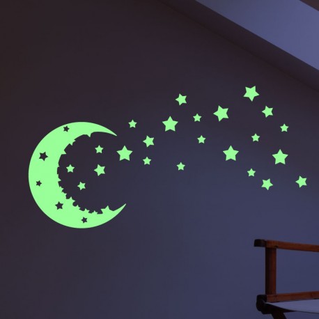 Demi-lune et 56 étoiles autocollantes phosphorescentes qui s'allument dans  l'obscurité
